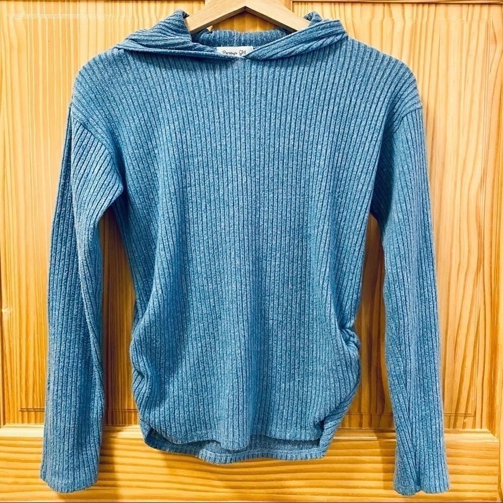 Persaya Girl soft blue ribbed ruched hoodie top L
